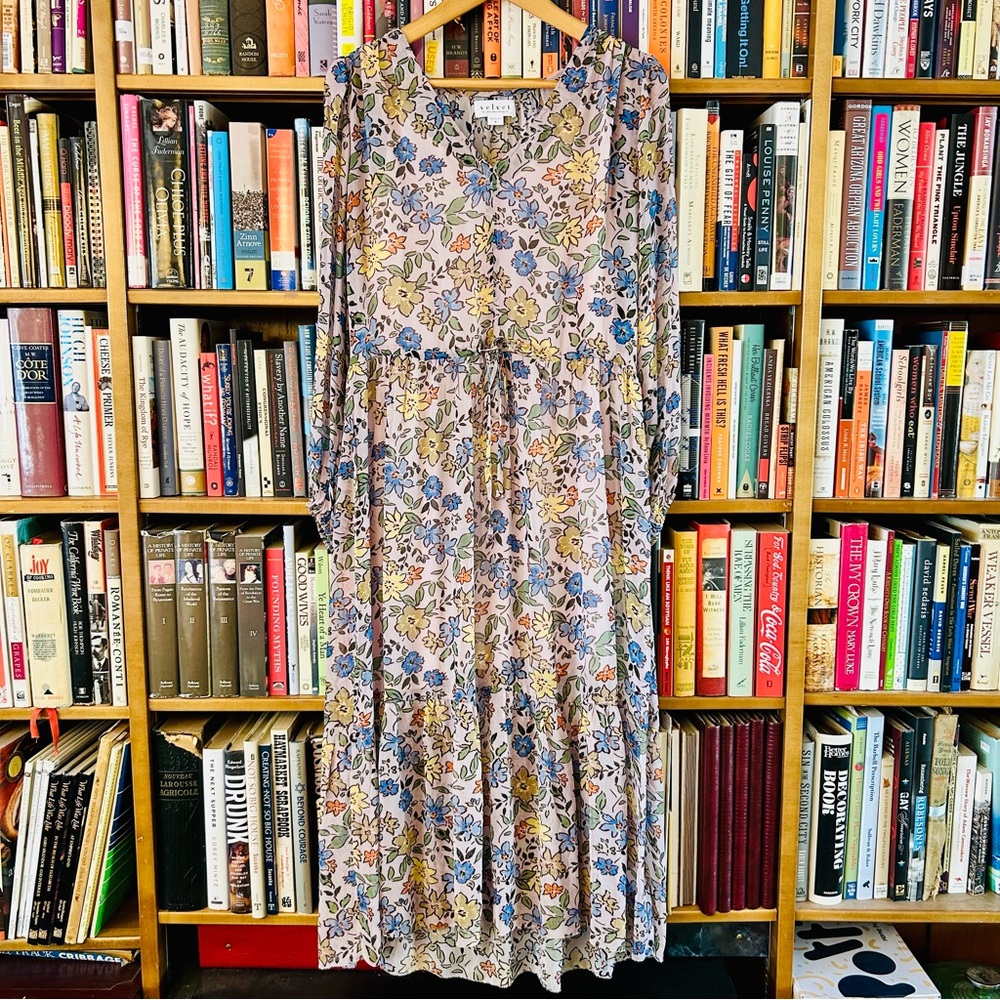 Velvet Graham Spencer Sheer Floral Drawstring Waist Slip Lng Sleeve Midi Dress S